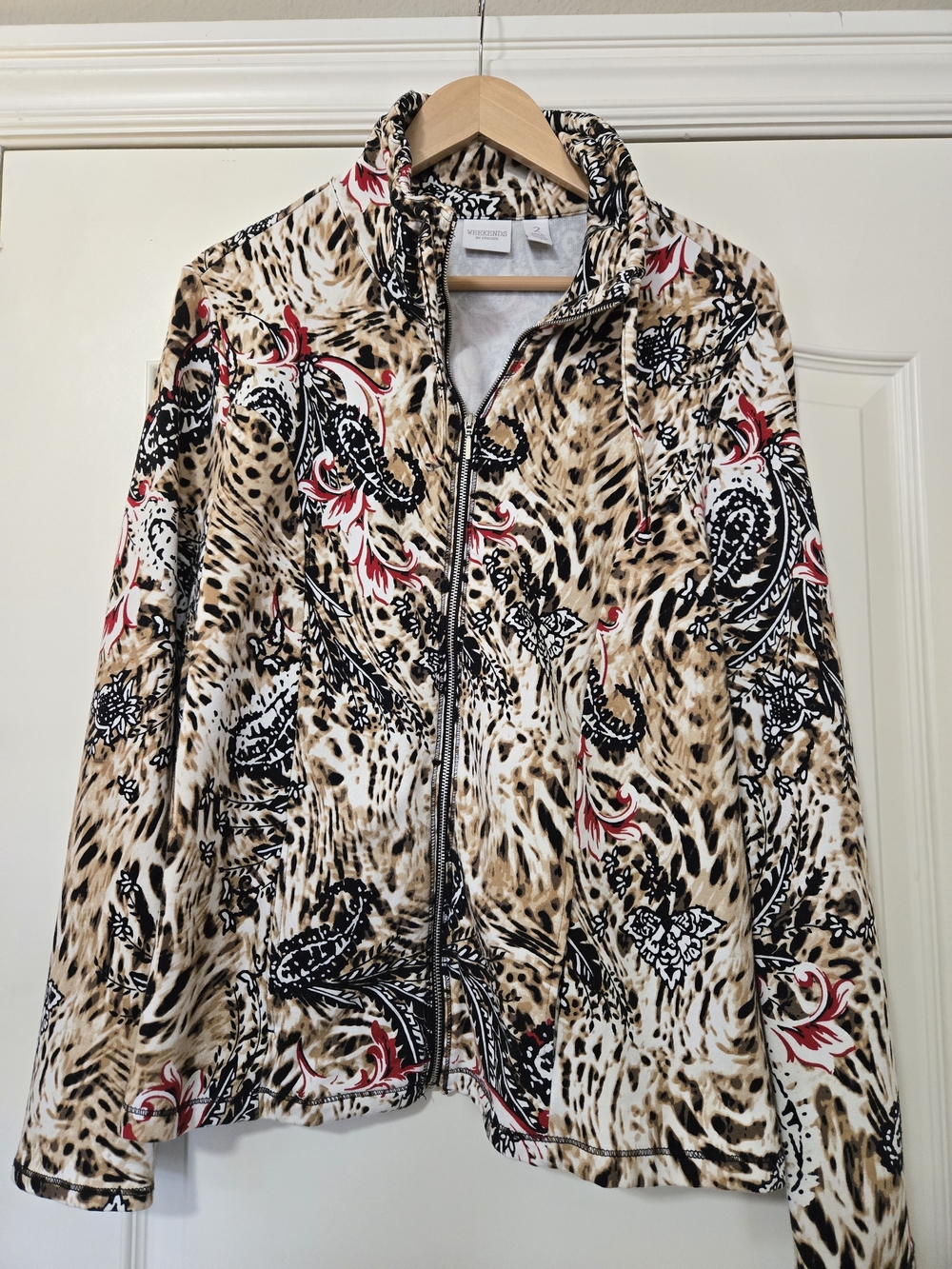 Chico's Weekends Leopard Print Zip Jacket with Black and Red Paisley Accents